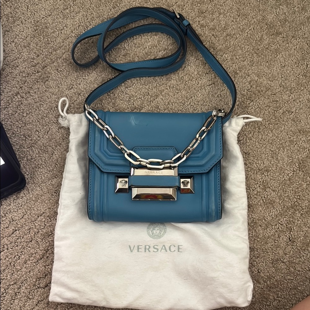 Versace Blue Crossbody Bag with Chain Detail